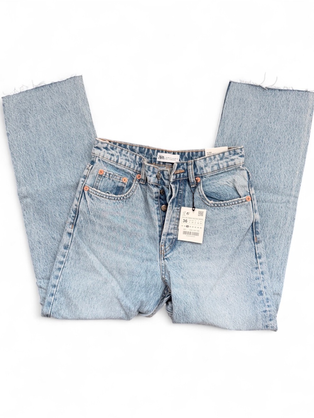 Zara NWT Hi Rise Straight Ankle Jeans Size 4 Light Wash Raw Hem